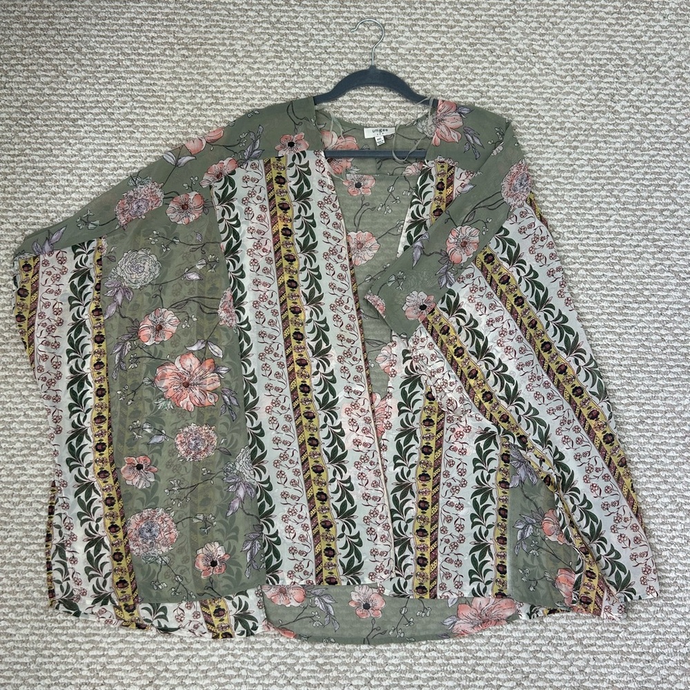Umgee Green and Pink Shrug Sweater with Nordic Pattern